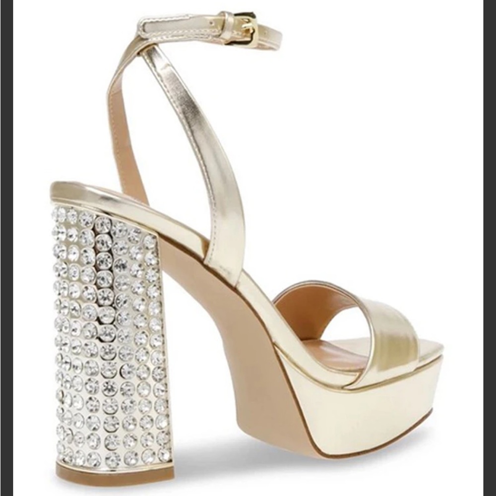 Gold Platform Ankle-Strap Sandal with Crystal Block Heel NWOT - Picture 3 of 9